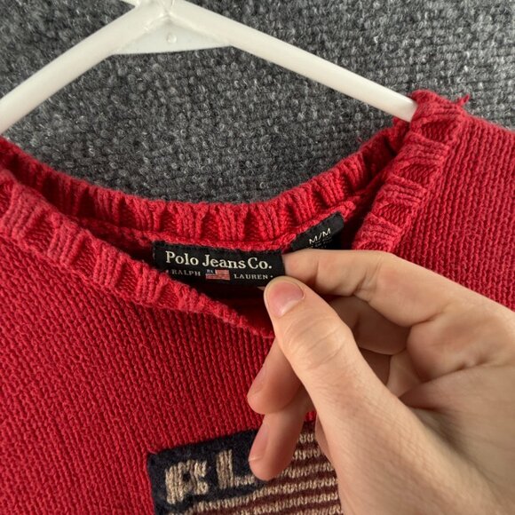 Ralph Lauren Polo Jeans Women Flag Sweater Medium Red Long Sleeve Knit Cotton - Picture 10 of 16